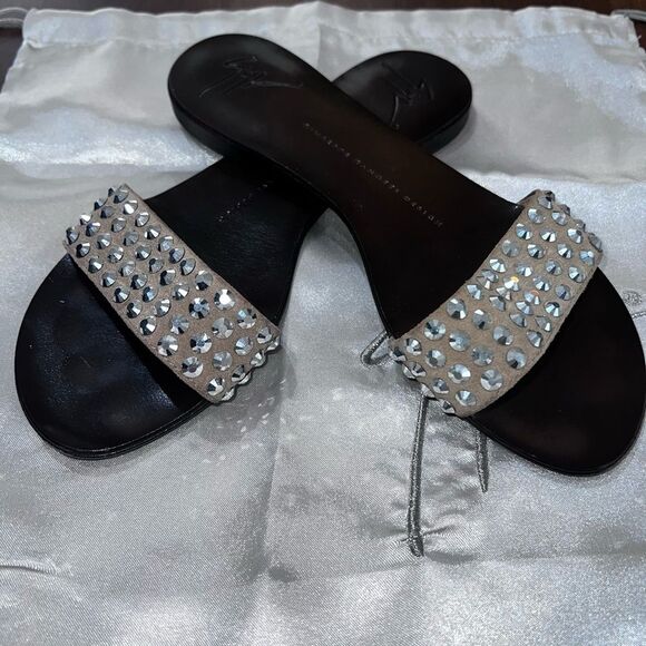 Giuseppe Zanotti Tan Suede Rhinestone Flat Slip-on Sandals 37 / US 6.5 Italy - Picture 2 of 11